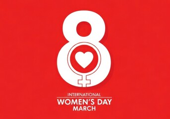 International Women's Day red background with number 8 and heart symbol