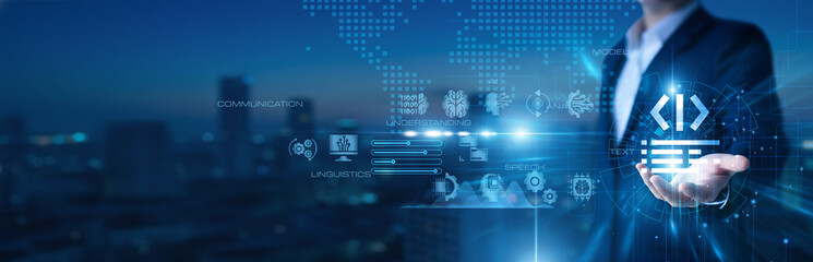 Hands of NLP engineer developing natural language processing systems, speech recognition, text analysis, AI communication, semantic understanding, and intelligent language models. © TechLens