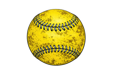 Fototapeta premium Yellow softball with grunge texture and visible stitches, representing sports, athleticism, and competition on a transparent background