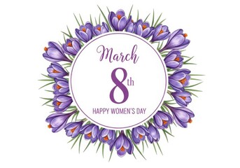 Happy Women's Day March 8th framed by purple crocuses illustration