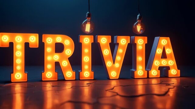 Bright neon sign spelling trivia with glowing light bulbs on a dark background 
