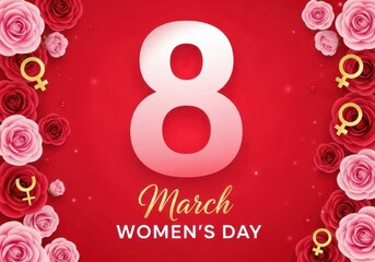 Happy Women's Day March 8th with pink and white number 8 and roses