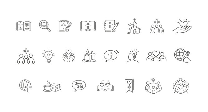 Collection of colorful line art icons representing faith, community, and spiritual concepts