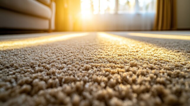 Sunlight streams across carpet in cozy living room