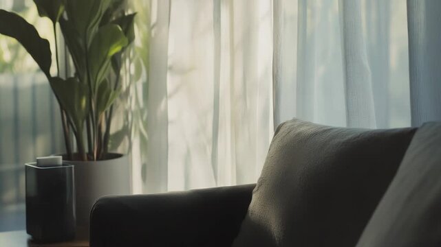 Cozy modern sofa bathed in soft morning sunlight through sheer curtains, creating a tranquil, inviting living room with warm natural light and minimalist decor