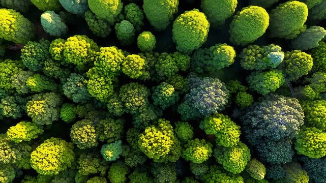 Drone flies over forest grid 4k