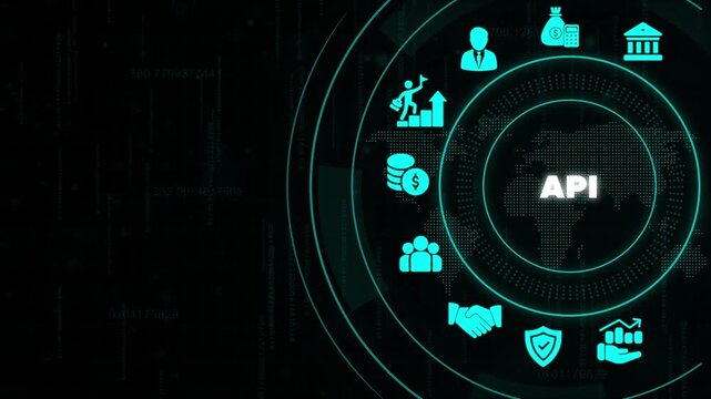 A P I interface on a futuristic dashboard with financial and business symbols on a dark background with code