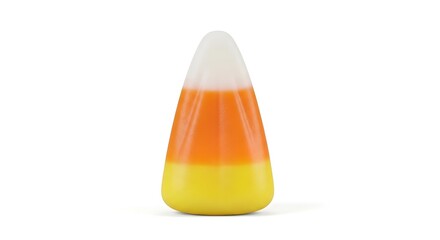 A single classic candy corn, a vibrant sweet confection with distinct orange, yellow, and white layers, embodying the spirit of autumn and holiday celebrations, presented in crisp detail