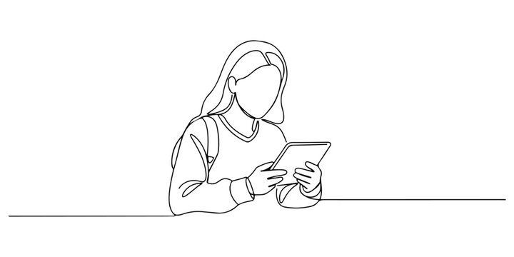 Continuous one line of a student reading a tablet, drawn illustration.