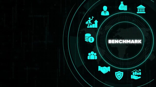 Benchmark Business Finance Concept with and Graphs on Dark Background with Neon Green Accents