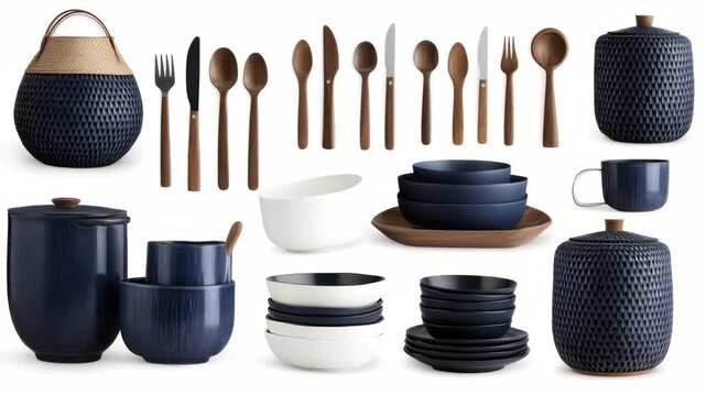 Items for serving and eating are arranged with care on a flat space. Different shapes and colors showcase practical kitchen tools