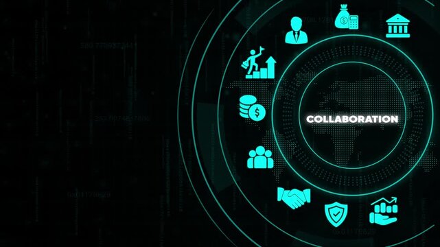 Collaboration Concept with Business and Financial Symbols on Dark Background with Binary Code finance