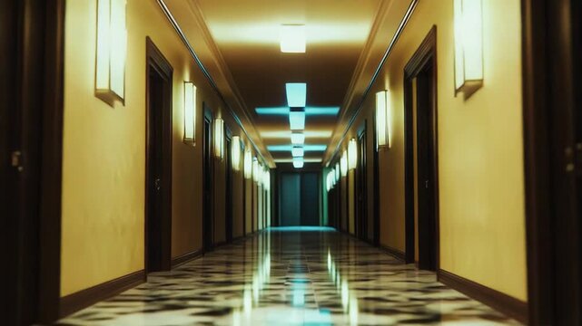 Empty long corridor with checkered marble floor reflecting warm gold and cool blue ceiling lights, strong symmetry and vanishing point evoking mystery, depth, and quiet elegance