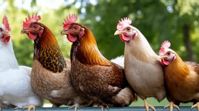 A group of chickens of different colors gathers on a fence at a farm in the daylight, making noise and interacting with each other