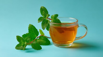 Fresh Mint Tea in Glass Mug on Blue Background