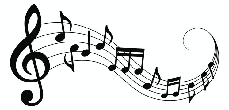 Musical notes wave vector illustration, featuring black music staff and flowing treble clef isolated on white background for concert, melody, and sound design themes.