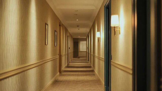 Empty upscale hotel hallway bathed in warm ambient light, long carpeted corridor with repeating wall sconces and doors, serene liminal space emphasizing perspective and minimal modern design
