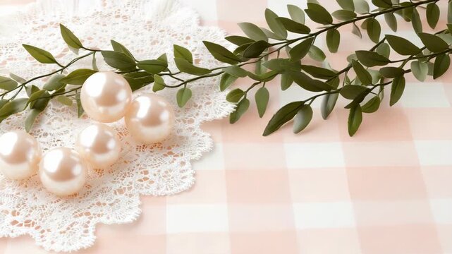 A display shows pearls, green leaves, and lace on a checkered tablecloth in bright light, creating a simple arrangement