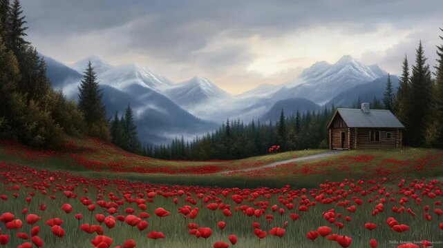 Poppies cover the meadow with a cabin nearby as mountains rise in the background under a cloudy sky during the day