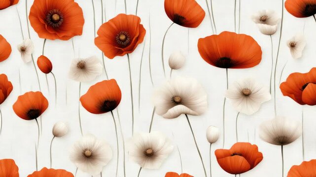 Various poppy flowers in bright colors against a light background. The flowers are arranged in a pleasing layout