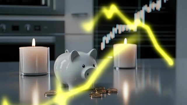 A piggy bank sits on a table with coins and candles around it while a chart shows an upward trend over time in a home setting