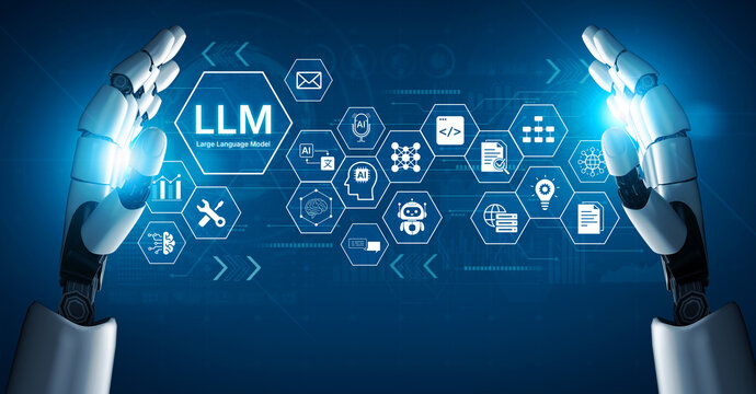 Large Language Model LLM processing data. Represents deep text learning, natural language processing NLP AI tech, transformer architecture, and generative AI deep learning future technology. Corpus