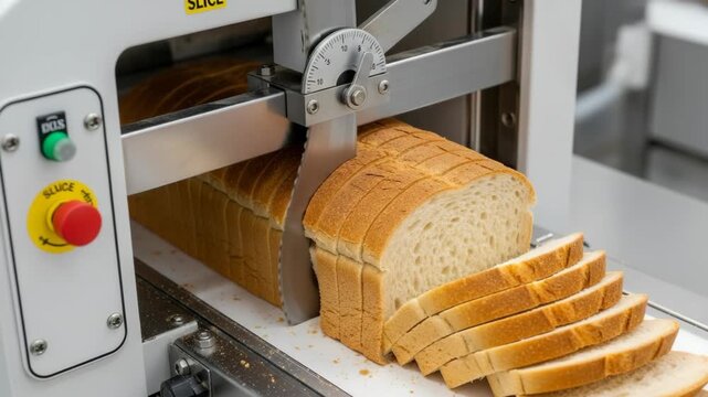 A machine slices fresh bread evenly in a bakery. The process shows how bread is prepared for sale