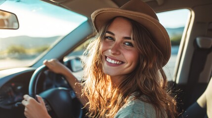 Naklejka premium Smiling young caucasian female driving car with hat on sunny day.
