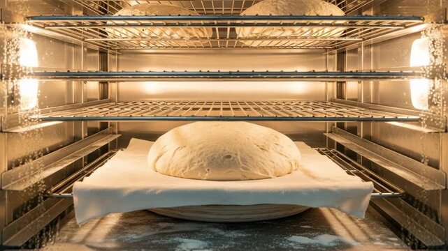 Dough is placed in an oven where temperature and humidity are set to create the best environment for rising and fermentation