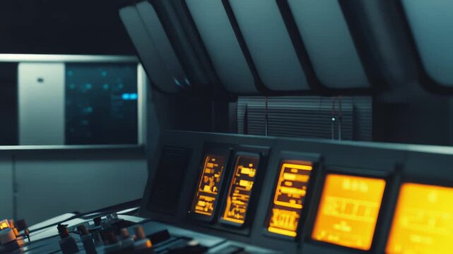 Futuristic control panel in a dark interior, featuring illuminated screens displaying abstract data and multiple buttons with glowing indicators, creating a high tech atmosphere