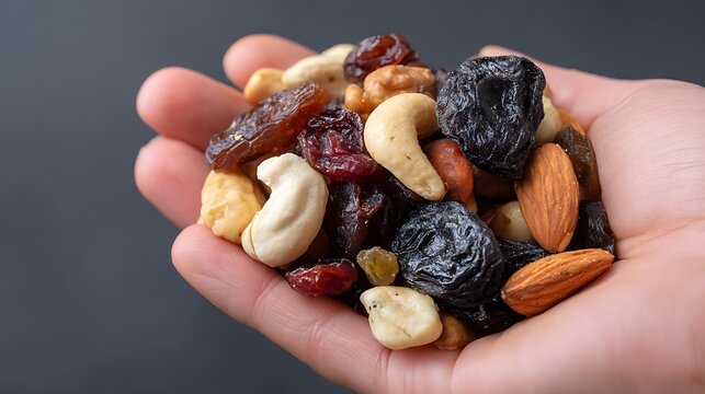 Close-up of a hand holding a mix of nuts and dried fruits against a dark grey background