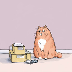 荷物の発送に苦労する太った猫。