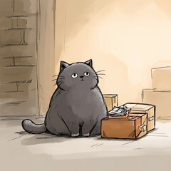 荷物の発送に苦労する太った猫。