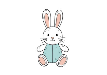 Fototapeta premium Cute cartoon bunny toy with pink ears and blue outfit 