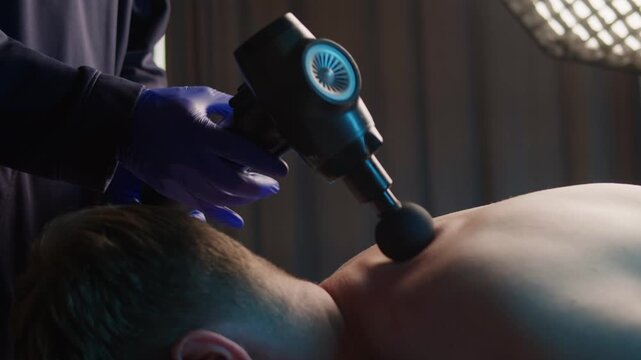 Close up of professional male therapist using massage gun on athlete body hand and leg muscles. Modern physiotherapy and sports recovery session in clinic, deep tissue percussion therapy concept.