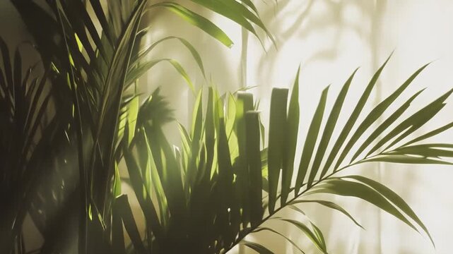 Houseplant leaves bathing in soft natural daylight, casting abstract shadows on a window curtain, evoking a feeling of comfort and peaceful domesticity in a home interior setting