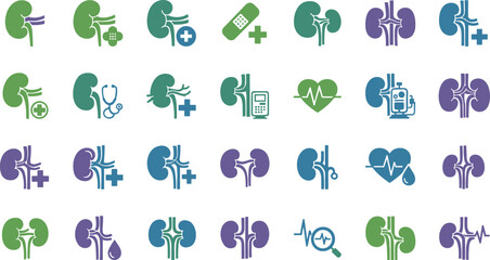Kidney health icons set with medical symbols in various colors