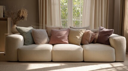 Fototapeta premium Cozy sofa with soft fluffy cushions in warm room. AI generated image