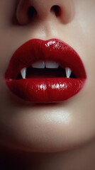 Fototapeta premium Close-up of vibrant red lips with fang-like teeth, demonstrating a bold and edgy beauty style, perfect for Halloween, vampire-themed parties, or alternative fashion concepts