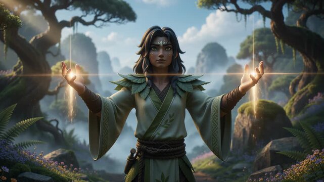 Powerful elven druid casting nature magic with glowing energy in enchanted forest. Concept of fantasy spellcasting, magical nature powers, mystical forest guardian, 3D cartoon animation