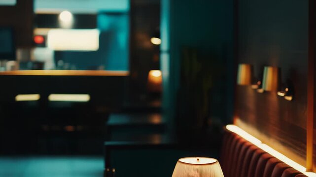 Private dining booth in a modern restaurant with warm lamp lighting over the table, creating an intimate, cozy evening atmosphere ideal for quiet dinners and reservations