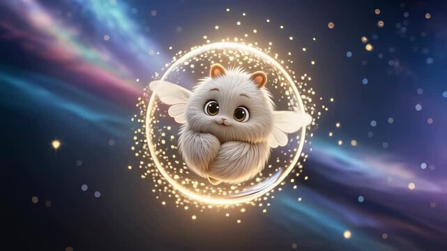 3D cartoon animation featuring a cute furry creature with growing wings inside a shimmering bubble, floating in the galaxy