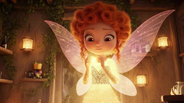 Cute 3D cartoon ginger fairy girl holding shimmering magical light in a rustic fantasy setting. Enchanting animation sequence for kids