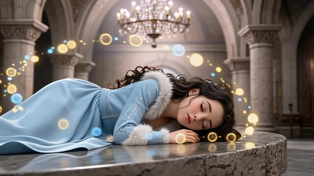 3D cartoon animation of a sleeping woman in a blue fur-trimmed dress on a stone surface, magical shining light trail floating in old castle