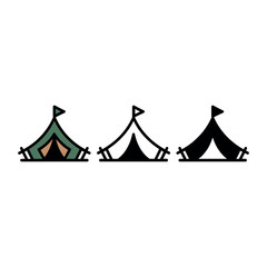 Three different colored tents on a white background