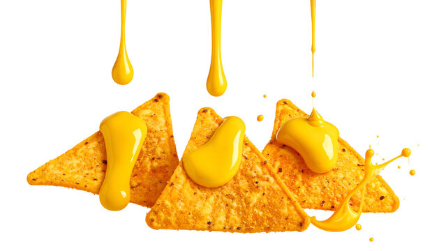 Crispy golden chips with bright yellow cheese sauce dripping down. Black background