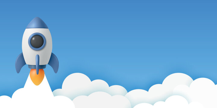 Rocket Launch Banner with Copy Space, Vector 3d Minimal Banner. Startup Space Travel Header, App UI Background. Blue and White Rocket Launch on Blue Sky Clouds