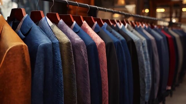 A row of men's suits hanging on wooden hangers in a clothing store or boutique, created with generative ai