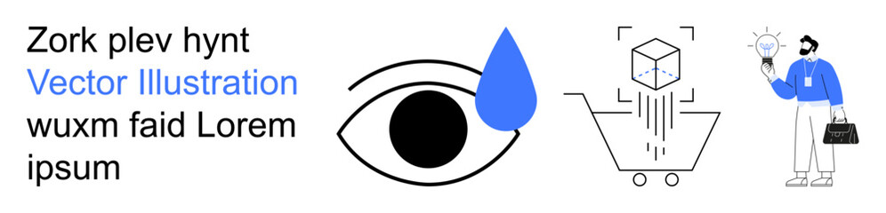 Vision, e-commerce, innovation, shopping solutions, creativity, technology. Eye with drop, cart with cube man holding briefcase and lightbulb. Vision and e-commerce ideas for modern solutions © robu_s