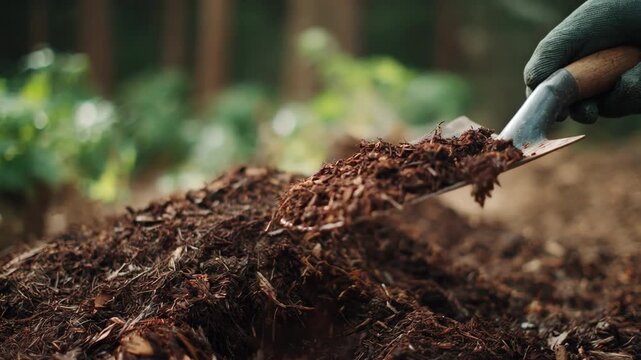 Closeup medium shot of bioenzymes being applied to a compost heap enhancing natural decomposition in a sustainable setting